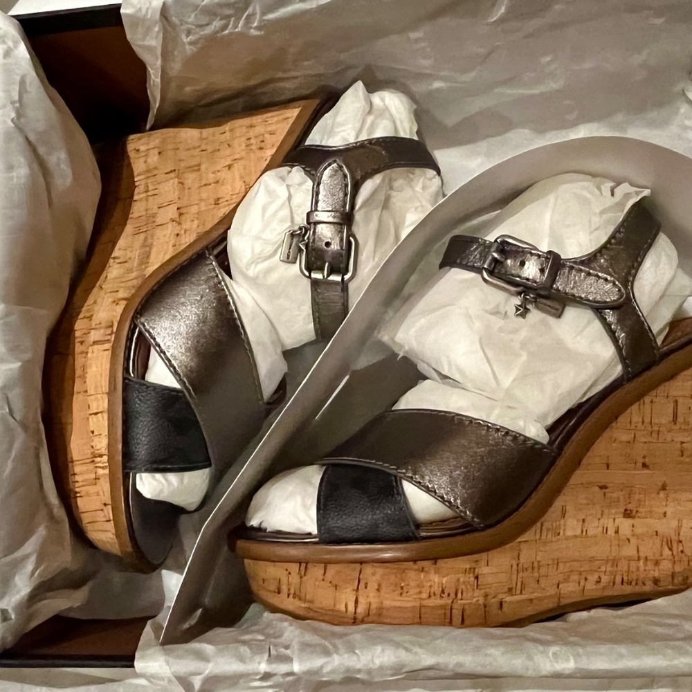 Coach Cross Band High Wedge Sandal Charcoal Gunmetal Size 6.5 - Picture 5 of 12